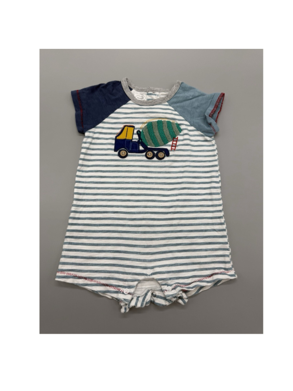 Mud Pie Blue Striped Construction Vehicle Romper 12-18 Months